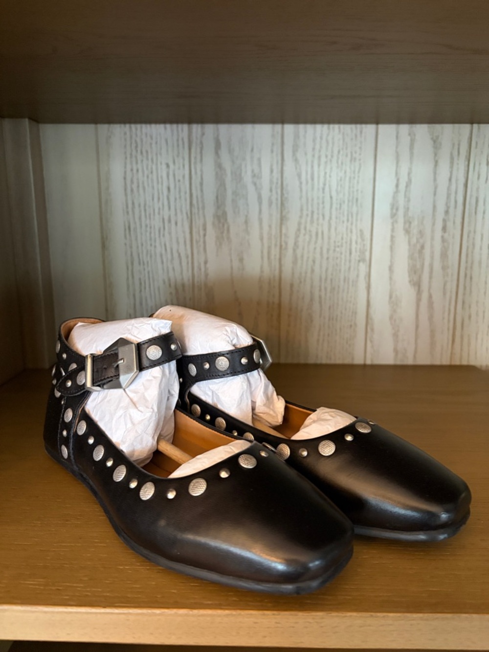 Free People Black Studded Ankle-Strap Flats
